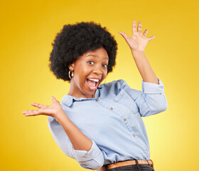 Surprise, excited hands and portrait of black woman on yellow background with energy, happiness and...