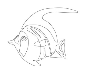 Continuous one line drawing of fish. Simple butterflyfish outline vector illustration.