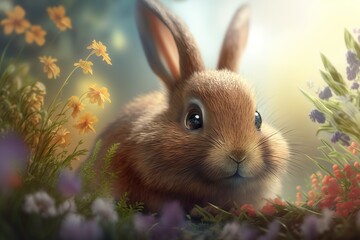 Easter bunny with easter eggs and spring flowers. Easter postcard background. Generative AI