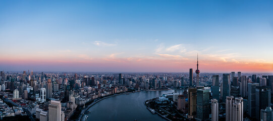 Shanghai city skyline at sunrise, China. Panoramic view.