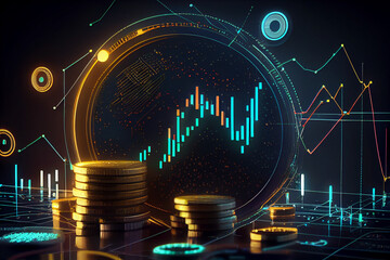 Coins with Candle stick graph chart and digital background. trading view. New Virtual money concept - generative ai - obrazy, fototapety, plakaty