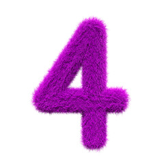 purple number 4  Fur 3D element render, Typography fluffy style