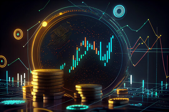 Coins with Candle stick graph chart and digital background. trading view. New Virtual money concept - generative ai
