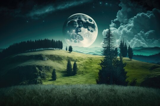 Coniferous forest at night on the grassy hill. Dark scene of the Carpathian Mountains with meadows. natural summer scenery illuminated by the full moon. Background information on ecosystems and enviro