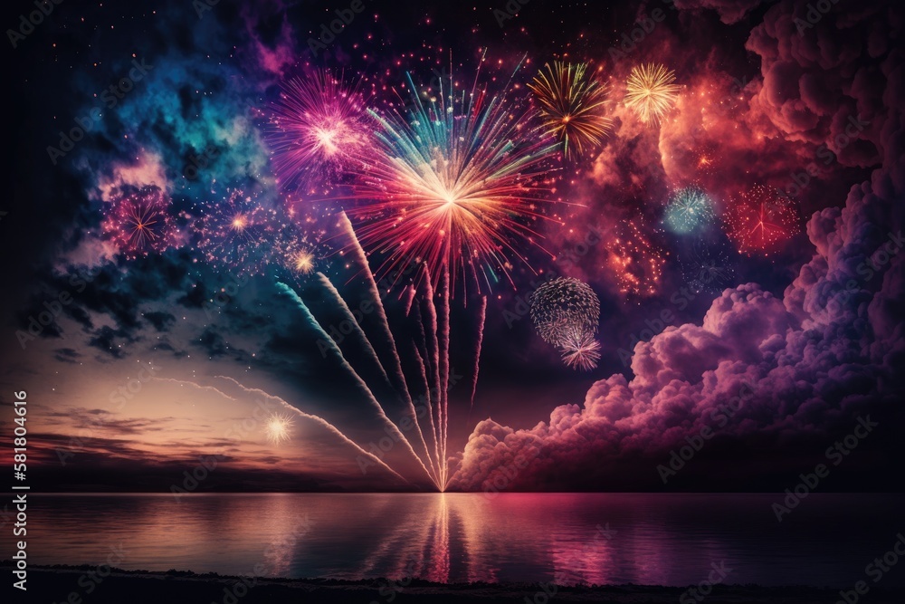 Poster a colorful fireworks display is set against a dusky sky. generative ai