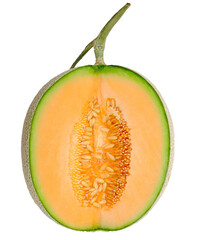 Half of orange color melon isolated on transparent background, PNG image