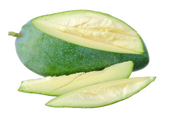 Green mango and slice isolated on transparent background, PNG image