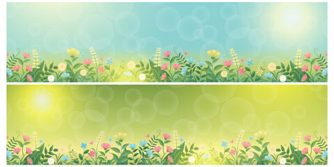 Spring grass and flowers, Easter greeting card element, Park decoration background with spring grass and meadow flowers for spring sale, banner, poster, cover, templates, social media, feed