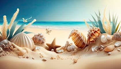 Close up sea shells on tropical beach sand, blurred ocean waves and sky background. Generative AI illustration.
