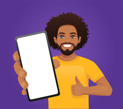 Handsome smiling man showing thumb up gesture and blank phone screen vector illustration on purple background