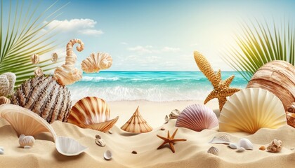 Fototapeta na wymiar Close up sea shells on tropical beach sand, blurred ocean waves and sky background. Generative AI illustration.