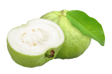 Green guava fruit and half with leaf isolated on transparent background, PNG image