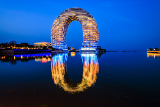 Huzhou, China - March 5, 2023: The Sheraton Hot Spring Resort Hotel in Huzhou, China. Also known as the Moon Hotel. Located in the South Taihu Tourist Resort of Huzhou. it is 100 meters high.