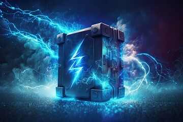 Future looking alternative energy technology concept with a digital lithium ion rechargeable battery symbol and a high voltage charging energy storage icon with bright blue neon lightning particles - obrazy, fototapety, plakaty
