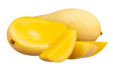 Yellow ripe mango half and sliced isolated on transparent background, PNG image