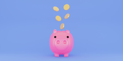 Piggy bank and golden coin on blue background. Financial planning for the future. Keep and accumulate cash savings. Banking, finance, economy, investment. 3D rendering
