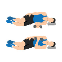 Man doing laying dumbbell internal shoulder rotation. Flat vector illustration isolated on white background