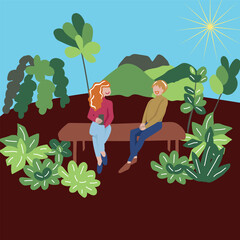 Having a coffee and chating in the park Card. Vector illustration. Spring in the park.