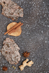Natural background with tree bark, wooden and stone materials with copy space for World Earth Day