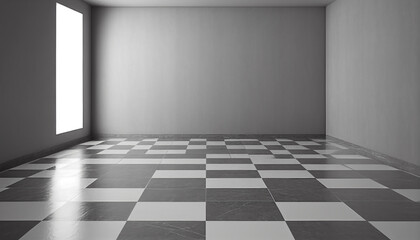A black and white checkered floor in a studio empty room, Generative AI