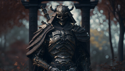 Obraz premium A Macabre But Magnificent Futurist Samurai In a Cemetery Wearing a Black Armor 3d AI Illustration
