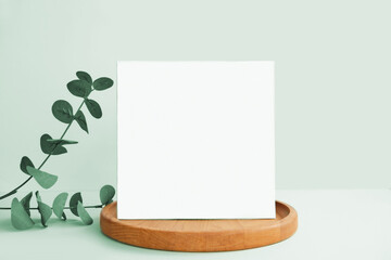 Blank Greeting Card, Invitation Mockup. Front view Eucalyptus Plant, Modern Wooden Plate, Boho...