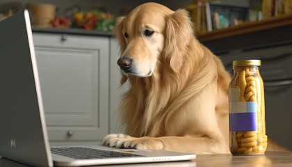 Golden Retriever dog ordering online by internet for home delivery. Paws on laptop with a food shopping product selection. Concept for pets using technology, by ai generative