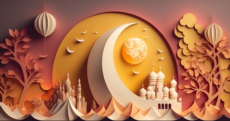 Background Ramadan kareem, paper art , 8k ,colorful