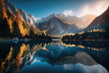 Fototapeta na wymiar Sunrise at Jasna Lake in Slovenia's Kranjska Gora National Park. Amazing autumn scenery featuring the Alps, trees, a blue sky with clouds, and a reflection in the water, a well known tourist destinati