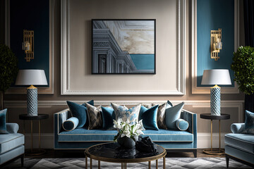 luxury living room style with blue tones. interior design. Ai generative