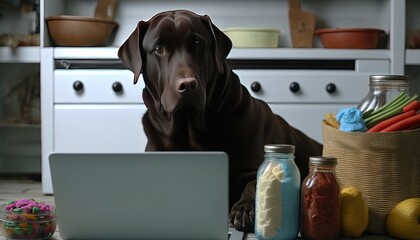 Obraz na płótnie Canvas Labrador Retriever dog ordering online by internet for home delivery. Paws on laptop with a food shopping product selection. Concept for pets using technology, by ai generative