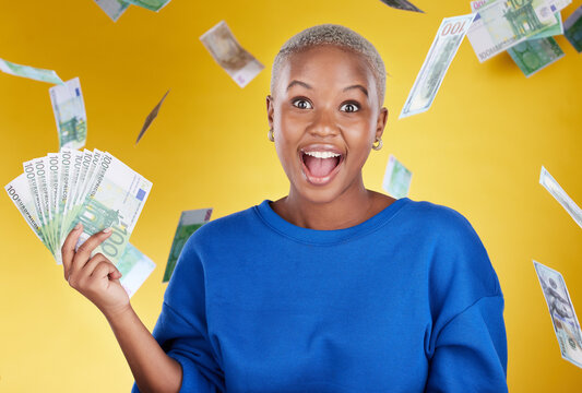 Winner, Portrait And Excited Black Woman With Euros In Studio Isolated On A Yellow Background. Financial Freedom, Money Rain And Happy Face Of Wealthy Female With Cash After Winning Lottery Prize.