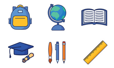 School cartoon vector icon collection. School bag, globe, open book, graduation hat, pencil, pen, brush, rulers. Education icon concept illustration