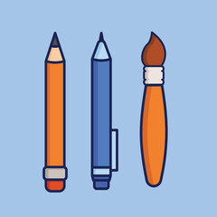 Pencil, pen, and paintbrush cartoon icon vector illustration. Education icon concept illustration