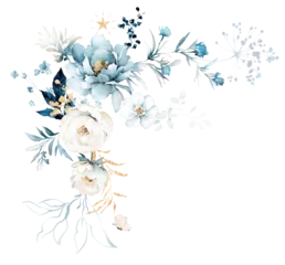 watercolor navy blue bouquet, gold leaves, botanical, clip art drawing, peonies, roses, herbs, wedding invitation design © lisima