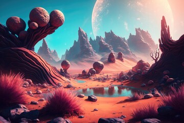 Surface Environment of an Alien Planet. Digital CG artwork for video games, concept illustrations, and realistic cartoon style backgrounds. Generative AI