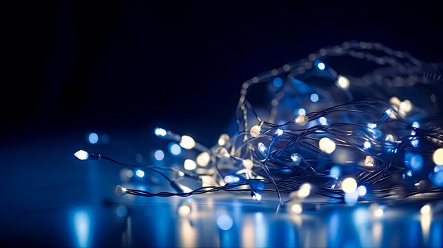 Holiday Illumination and decoration concept - Christmas bokeh lights over dark blue background. - celebration, joyous, merry, cheerful, happy, warm, cozy, magical.