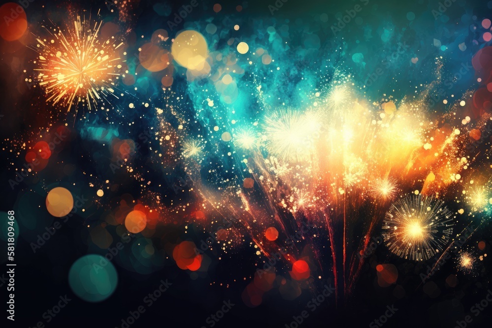 Poster fireworks at new year's and an abstract holiday background with copy space. generative ai