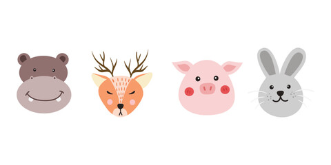 Cute Baby Animal Face Illustration. Exotic and cute animal face. Characters portrait cute animal face on white background.