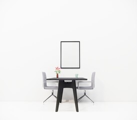 Wall frame mockup design, Two chairs on either side of a wooden table, and flower tob, tea cup on the table, one frame mockup on the wall in the middle.3D Render. full view.