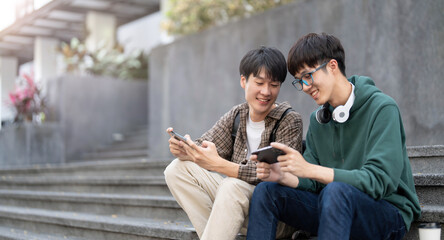 Happy Asian man college student playing mobile game on his smartphone with his friend