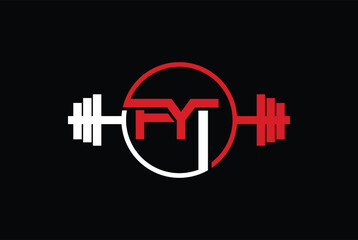 Gym logo. Fitness icon. Bodybuilding sport equipment and letters. Vector