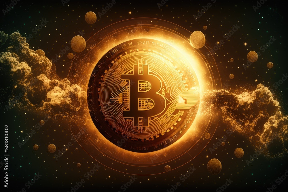 Poster bitcoin on a golden background with stars indicating that it will soar to new heights. generative ai