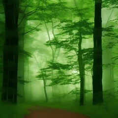 Walk among forest with green trees template 