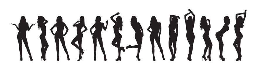 Girls woman sexy posing gestures set vector silhouette.