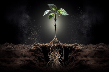 Flower plant seedling showing green growth while expanding its root system which could be used to outline economic recovery or business investment, computer Generative AI stock illustration image