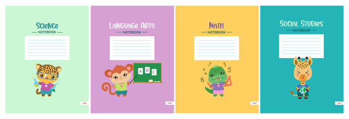 School notebook cover template set. Cute notepad workbook design with school subject headers. Stationery print. Safary animals kawaii style illustrations. Elementary education teaching resourses. 