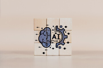 Ai Artificial Intelligence concept woman cube wood with virtual graphic connect Internet showing the use bot Chat with AI,data storage and processing,technology,sales,service,industry to the future.