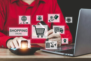 shopping online and payment concept woman using laptop with shopping cart icon Online shopping and e-commerce for global order, delivery and payment Through the real touch screen technology
