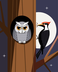 Owl and woodpecker sitting on a tree. Vector illustration.